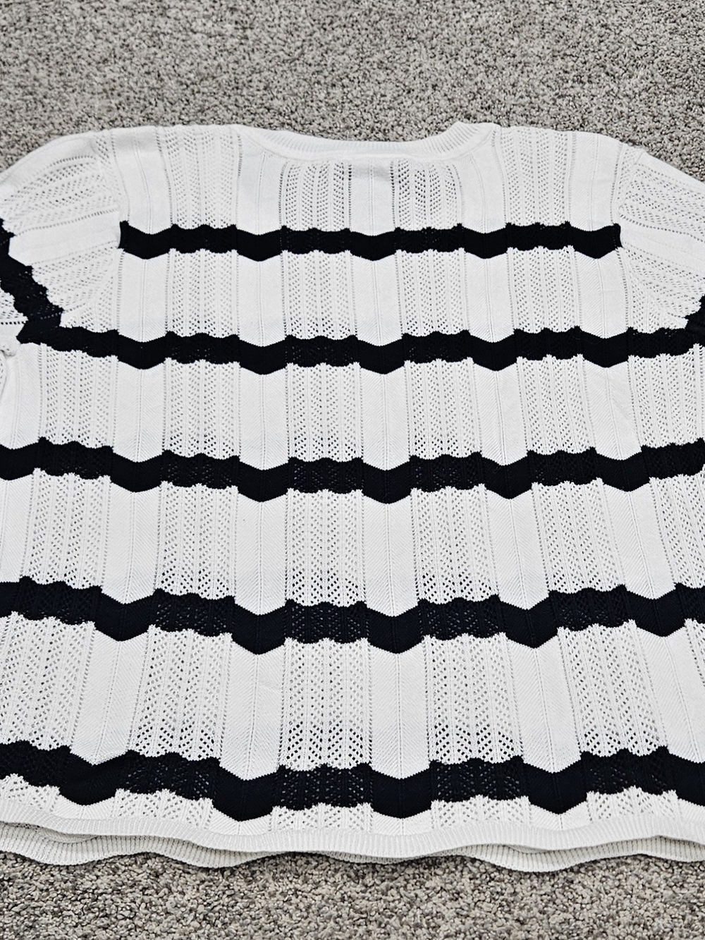 Cabi Open-Knit Striped Sweater in White and Navy - Picture 5 of 5